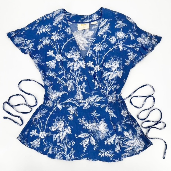 ANTHROPOLOGIE Maeve Clarita Wrap Blouse Top, Blue/White, Size 0 - Picture 5 of 13